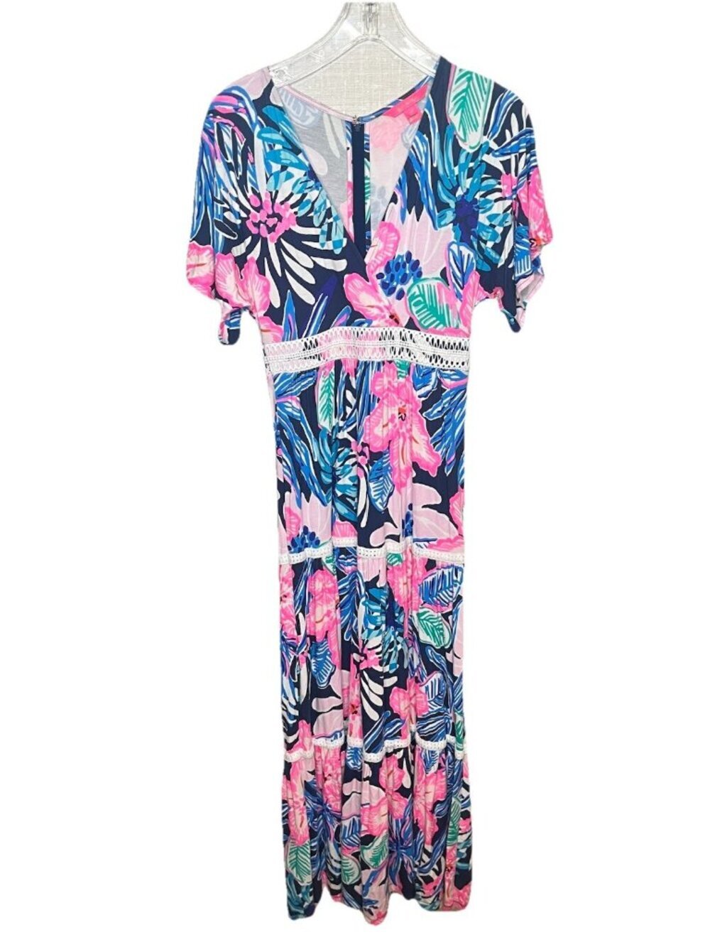 Lilly Pulitzer Maribella Maxi Dress Tropical Floral Lace Trim Flutter Sleeve XXS